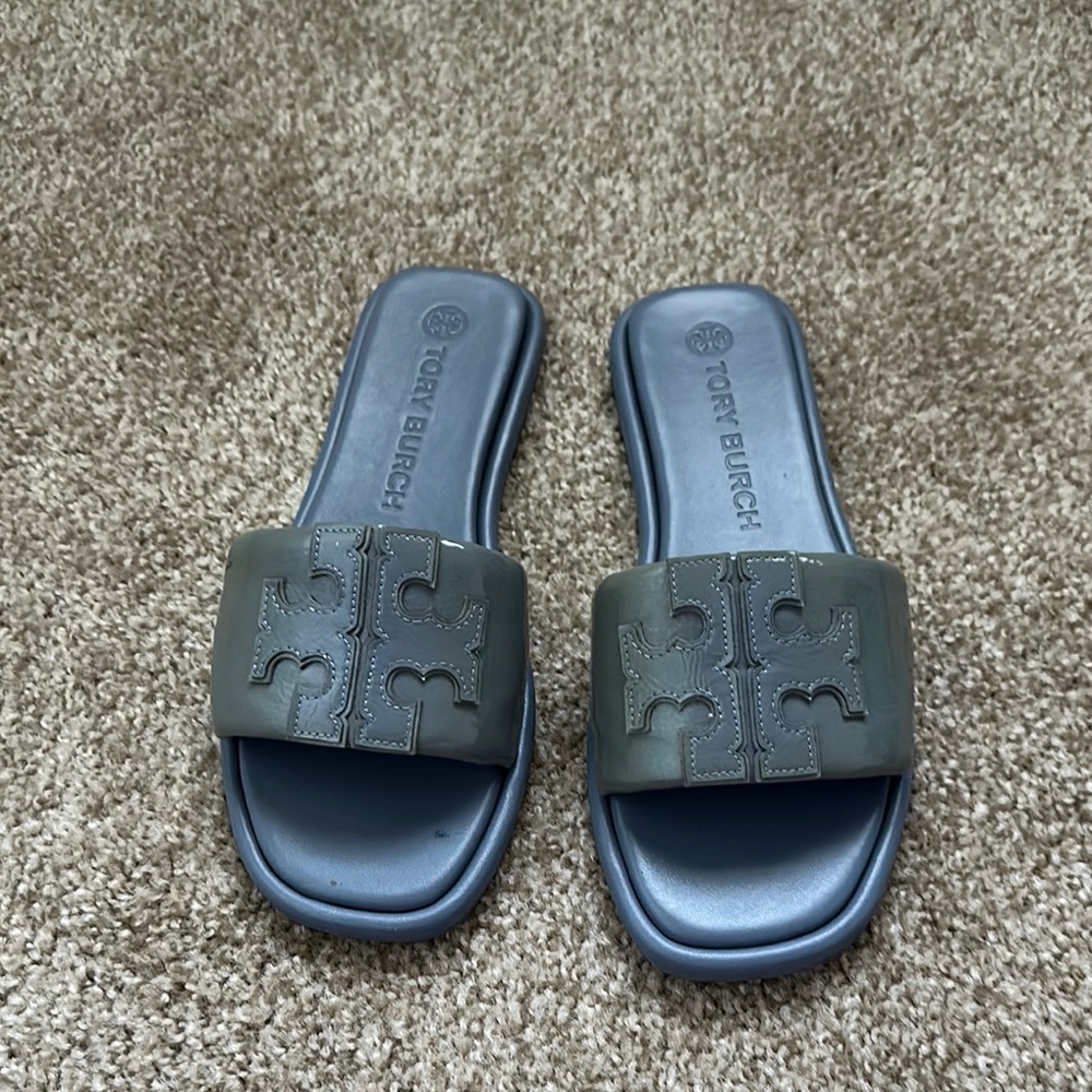 Tory Burch Gray Logo Slide Sandals